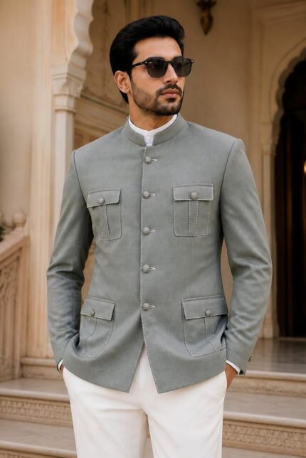 Sage Green Linen Joot Jodhpuri Bandhgala Jacket for Men Front View