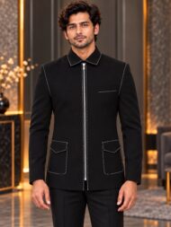 Premium Black Chawal-Taka Shirt Collar Zipper Jodhpuri Jacket for Men | Unique Patch Pockets