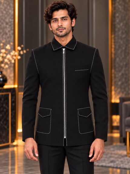 Premium Black Chawal-Taka Shirt Collar Zipper Jodhpuri Jacket for Men | Unique Patch Pockets