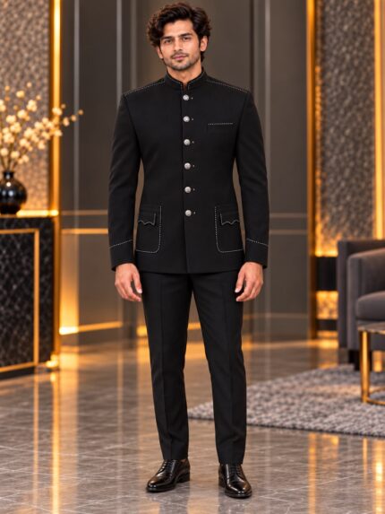 Premium Black Chawal-Taka Jodhpuri Bandhgala Jacket for Men | 4 Unique Flap Patch Pockets